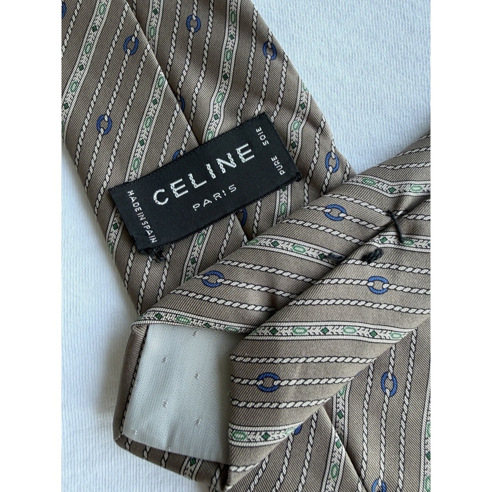 Celine Paris	Vintage Beige Horsebit Chain Stripes Printed	100% Silk Tie Necktie